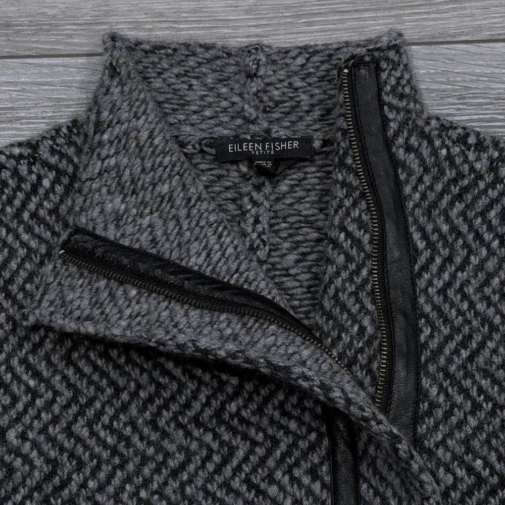 Eileen Fisher Wool Alpaca Herringbone Moto Jacket‎ PS Moon Gray Asymmetrical Zip